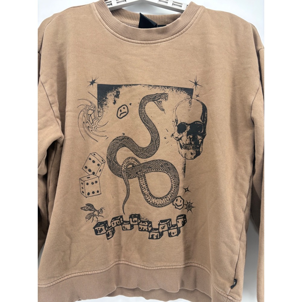 Vans Sweatshirt Mens Small Tan Brown Snake Skull Graphic Crewneck Pullover S - Picture 2 of 9